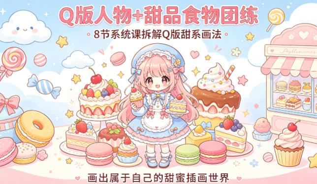 Q版人物+甜品食物团练，8节系统课拆解Q版甜系画法，画出属于自己的甜蜜插画世界-吾爱云课堂