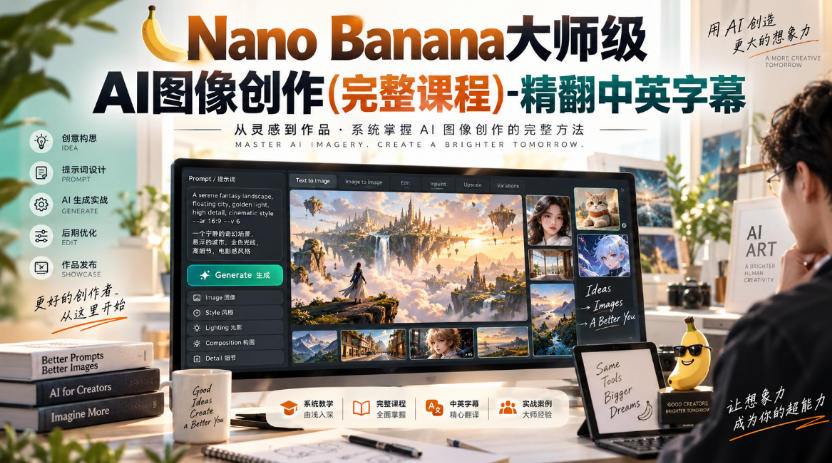 【无水印】Nano Banana大师级AI图像创作(完整课程)-精翻中英字幕-吾爱云课堂