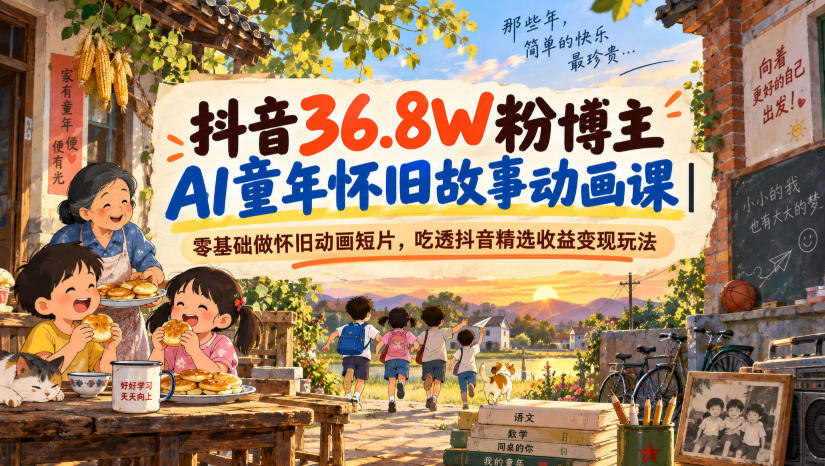 抖音36.8W粉博主AI童年怀旧故事动画课｜零基础做怀旧动画短片，吃透抖音精选收益变现玩法-吾爱云课堂