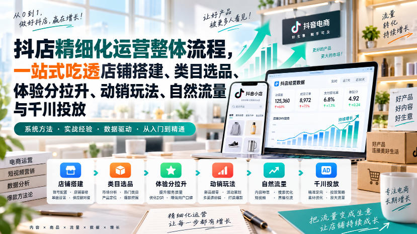 李哥电商-抖店精细化运营整体流程，一站式吃透店铺搭建、类目选品、体验分拉升、动销玩法、自然流量与千川投放-吾爱云课堂