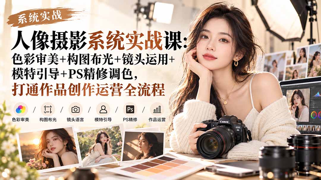 【无水印】人像摄影系统实战课：色彩审美+构图布光+镜头运用+模特引导+PS精修调色，打通作品创作运营全流程-吾爱云课堂