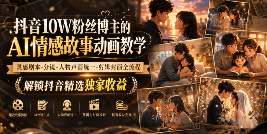抖音10W粉丝博主的AI情感故事动画教学，灵感剧本‑分镜‑人物声画统一‑剪辑封面全流程，解锁抖音精选独家收益-吾爱云课堂