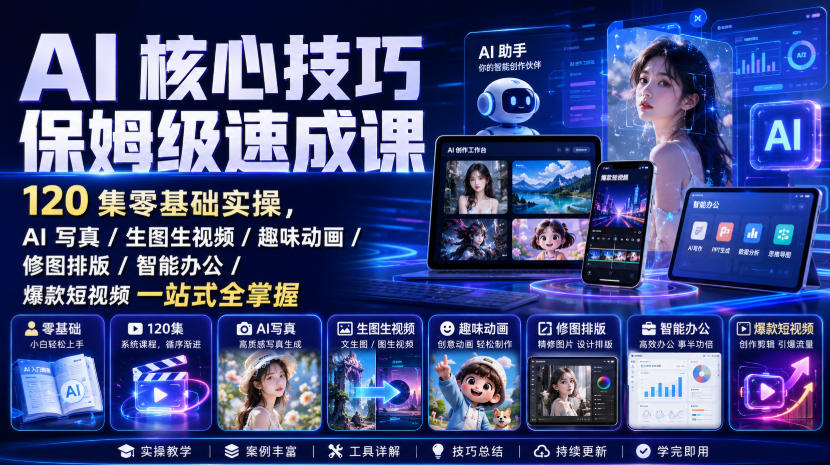 AI核心技巧保姆级速成课｜120集零基础实操，AI写真/生图生视频/趣味动画/修图排版/智能办公/爆款短视频一站式全掌握-吾爱云课堂