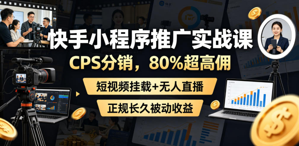 快手小程序推广实战课，CPS分销，80%超高佣，短视频挂载+无人直播，正规长久被动收益-吾爱云课堂