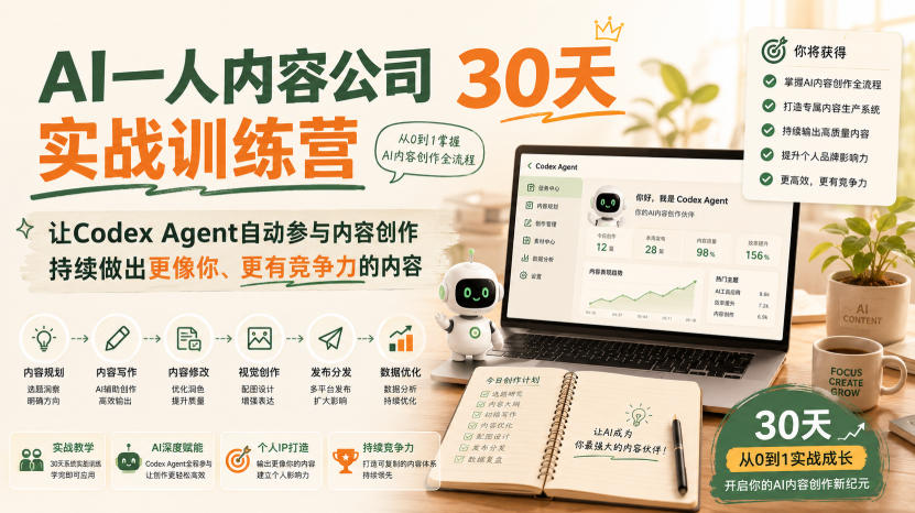 AI一人内容公司30天实战训练营，让Codex Agent自动参与内容创作持续做出更像你、更有竞争力的内容-吾爱云课堂