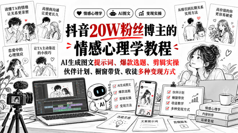 抖音20W粉丝博主静候心声的情感心理学教程，AI生成图文提示词、爆款选题、剪辑实操，伙伴计划、橱窗带货、收徒多种变现方式-吾爱云课堂