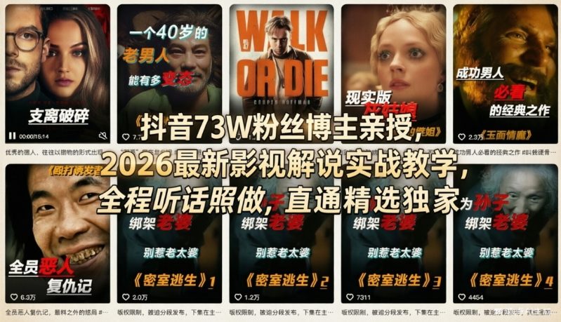 抖音73W粉丝博主亲授，2026最新影视解说实战教学，全程听话照做，直通精选独家-吾爱云课堂