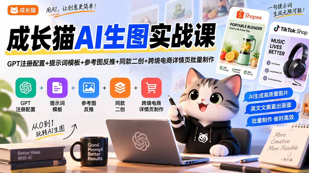 成长猫AI生图实战课｜GPT注册配置+提示词模板+参考图反推+同款二创+跨境电商详情页批量制作-吾爱云课堂