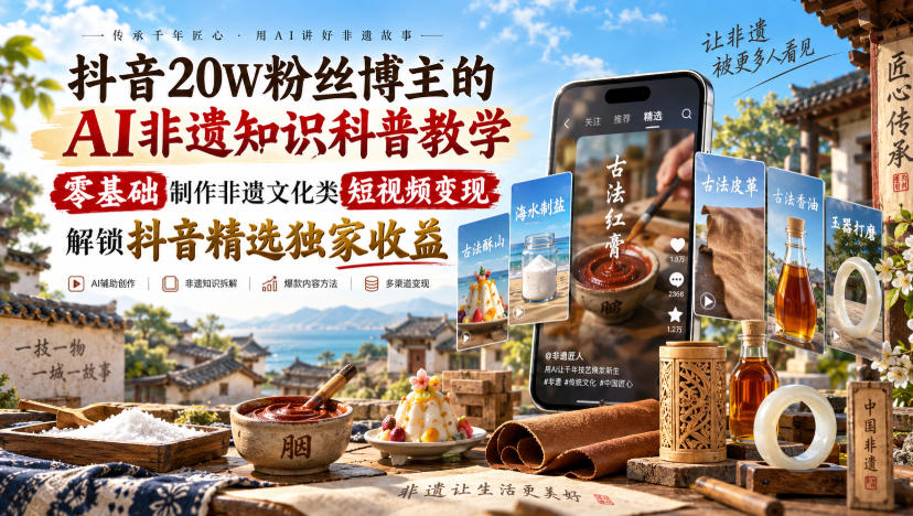 抖音20W粉丝博主的AI非遗知识科普教学，零基础制作非遗文化类短视频变现，解锁抖音精选独家收益-吾爱云课堂