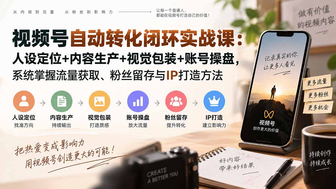 视频号自动转化闭环实战课：人设定位+内容生产+视觉包装+账号操盘，系统掌握流量获取、粉丝留存与IP打造方法-吾爱云课堂