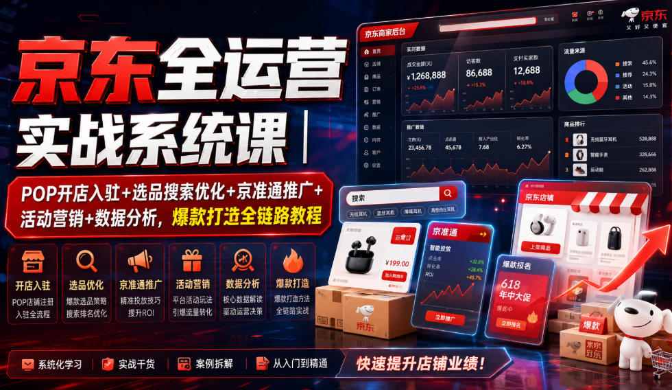 京东全运营实战系统课｜POP开店入驻+选品搜索优化+京准通推广+活动营销+数据分析，爆款打造全链路教程-吾爱云课堂