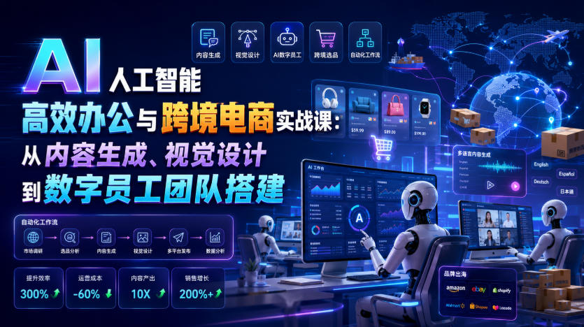 AI人工智能高效办公与跨境电商实战课：从内容生成、视觉设计到数字员工团队搭建-吾爱云课堂
