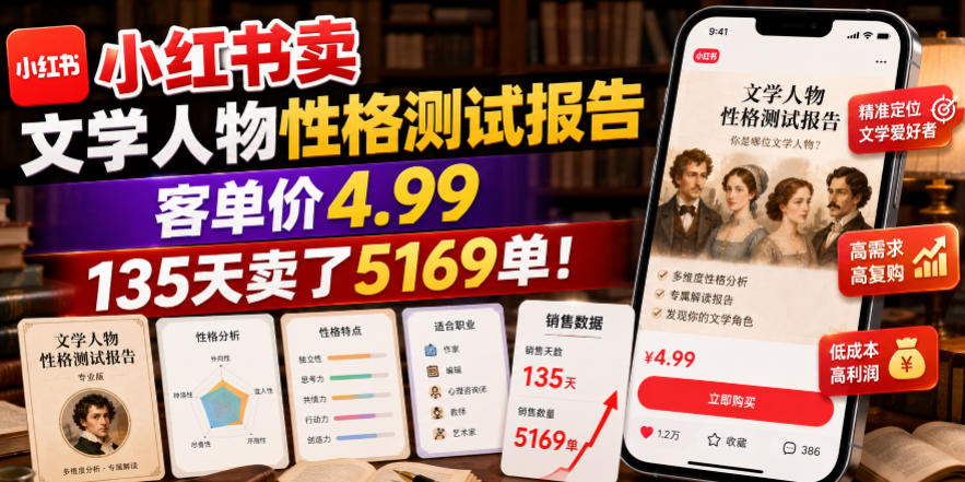 小红书卖文学人物性格测试报告，客单价4.99，135天卖了5169单！-吾爱云课堂