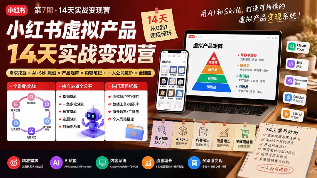 小红书虚拟产品14天实战变现营-第7期：需求挖掘×AI+Skill原创×产品矩阵×内容笔记×一人公司进阶×全链路-吾爱云课堂
