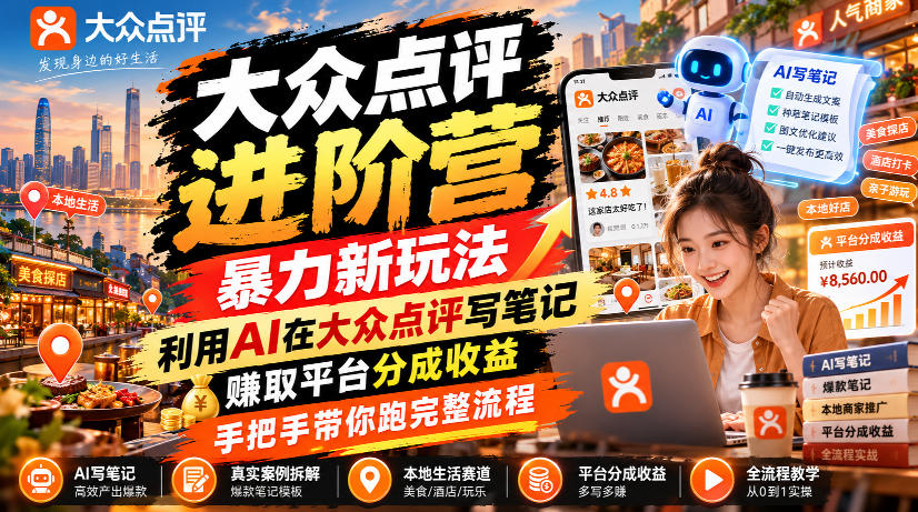 大众点评进阶营，暴力新玩法，利用AI在大众点评写笔记， 賺取平台分成收益，手把手带你跑完整流程-吾爱云课堂