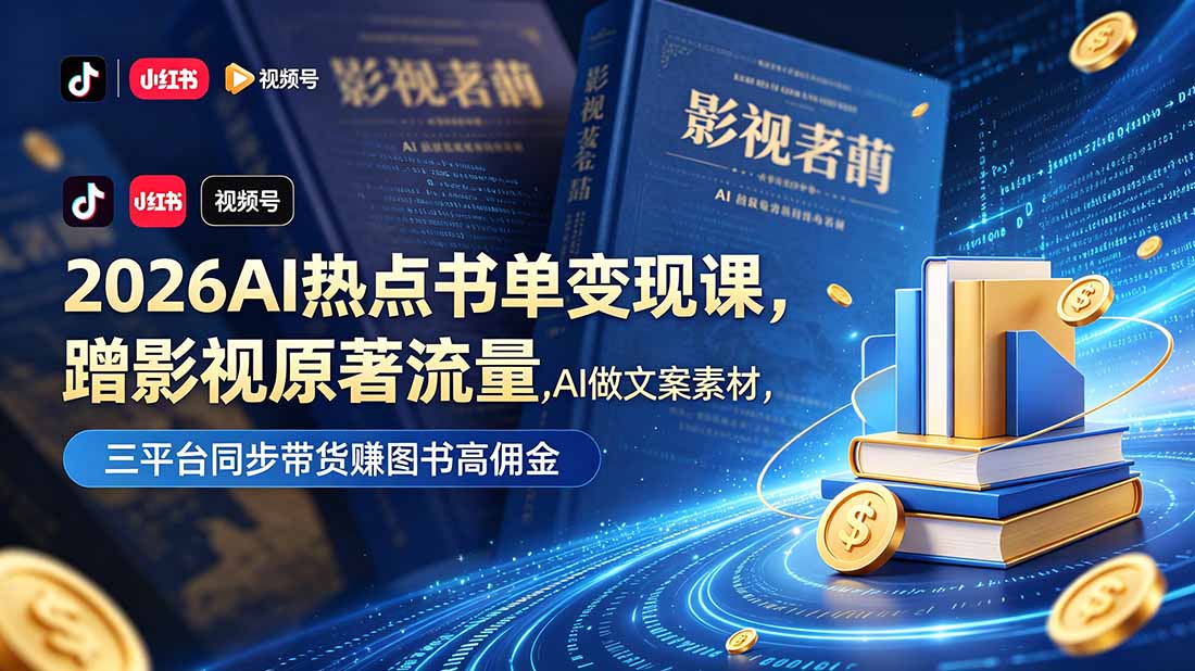 2026AI热点书单变现课，蹭影视原著流量，AI做文案素材，三平台同步带货赚图书高佣金-吾爱云课堂