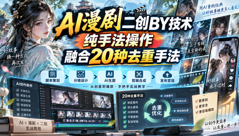 AI漫剧二创搬运技术，纯手法操作，融合20种去重手法-吾爱云课堂
