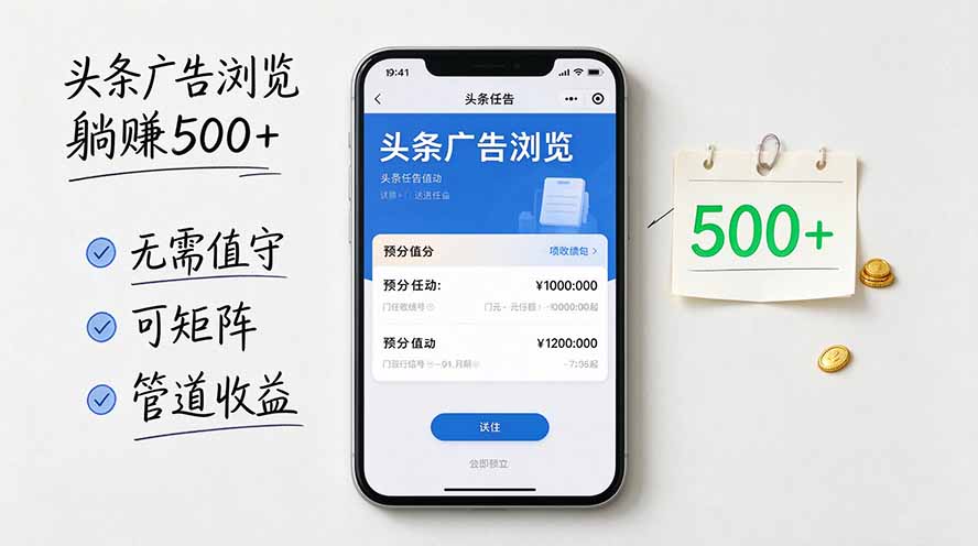 头条广告浏览躺赚500+无需值守，可矩阵并附有管道收益-吾爱云课堂