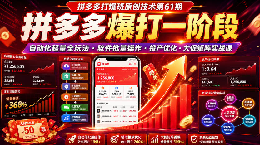 拼多多打爆班原创技术第61期,拼多多爆打一阶段,自动化起量全玩法・软件批量操作・投产优化・大促矩阵实战课-吾爱云课堂