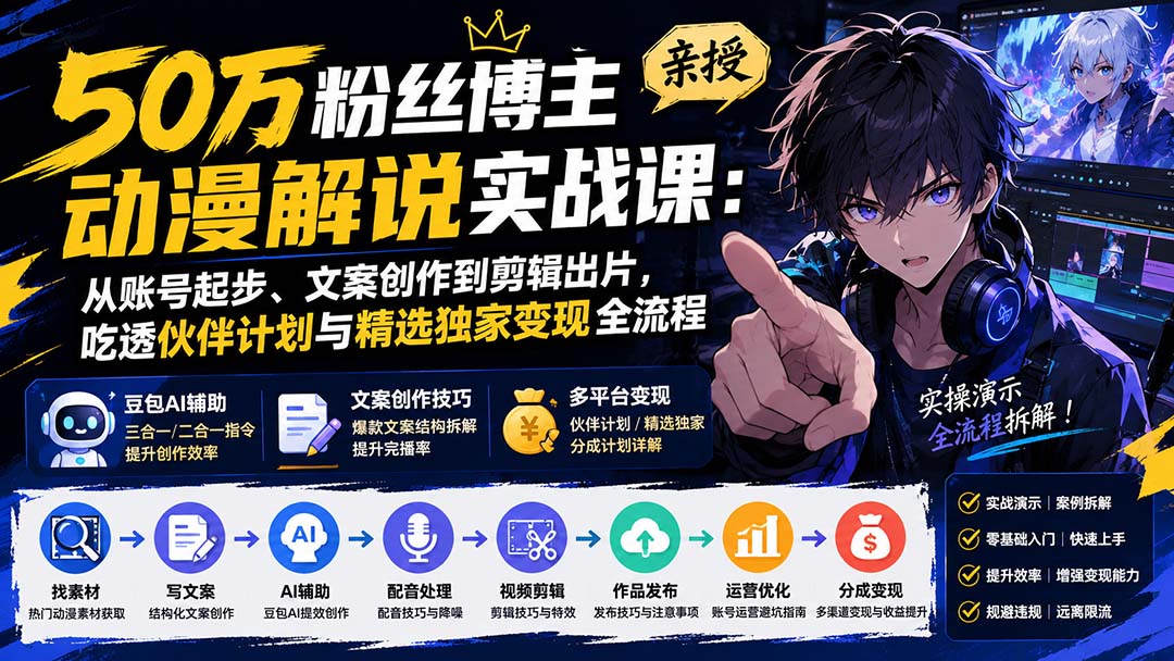 50万粉丝博主亲授动漫解说实战课：从账号起步、文案创作到剪辑出片，吃透伙伴计划与精选独家变现全流程-吾爱云课堂