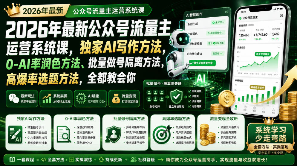2026年最新公众号流量主运营系统课，独家AI写作方法，0-AI率润色方法、批量做号隔离方法、高爆率选题方法，全都教会你-吾爱云课堂