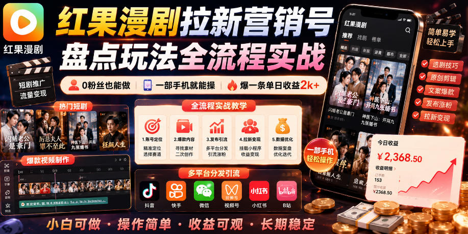 红果漫剧拉新营销号盘点玩法全流程实战，0粉丝也能做，一部手机就能做，爆一条单日收益2k+(更新0922)-吾爱云课堂
