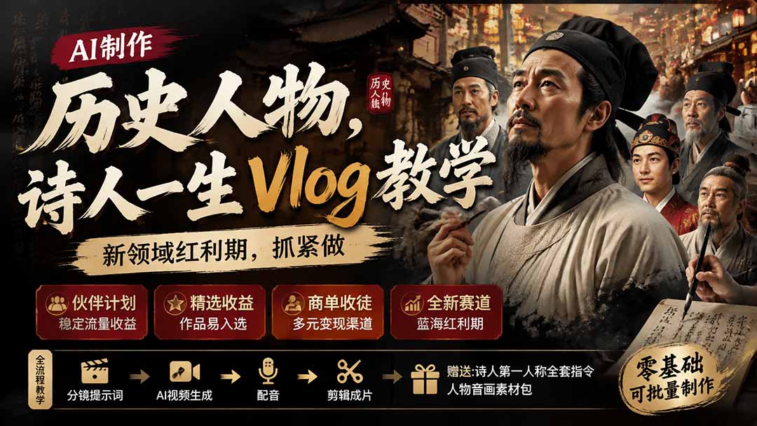 历史人物，诗人一生Vlog教学， AI制作丨伙伴计划丨精选收益丨商单收徒 ，新领域红利期，抓紧做-吾爱云课堂