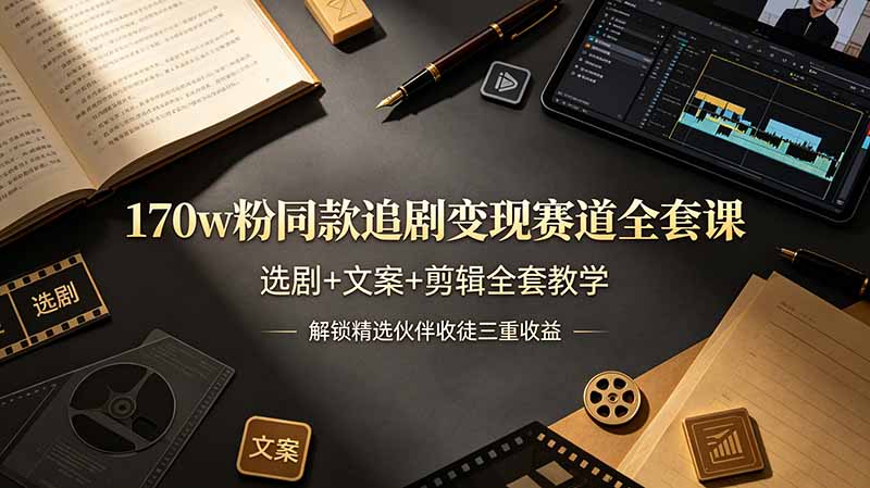 170w粉博主同款追剧变现赛道全套课，选剧+文案+剪辑全套教学，解锁精选伙伴收徒三重收益-吾爱云课堂