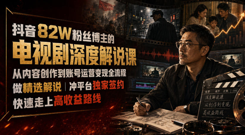 抖音82W粉丝博主的电视剧深度解说课，从内容创作到账号运营变现全流程，做精选解说，冲平台独家签约，快速走上高收益路线-吾爱云课堂