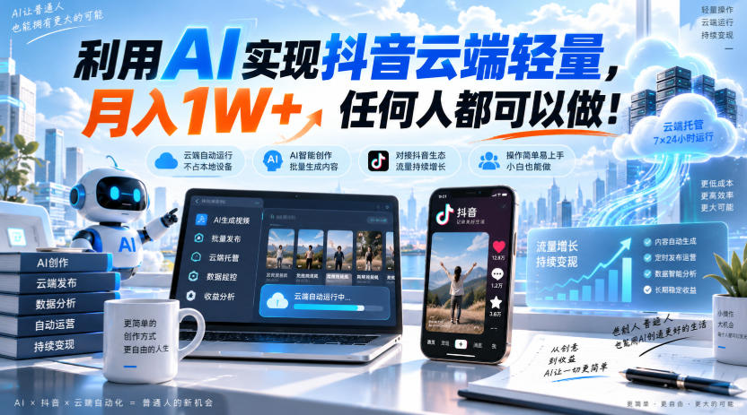 利用AI实现抖音云端轻量，月入1W+，任何人都可以做！【揭秘】-吾爱云课堂