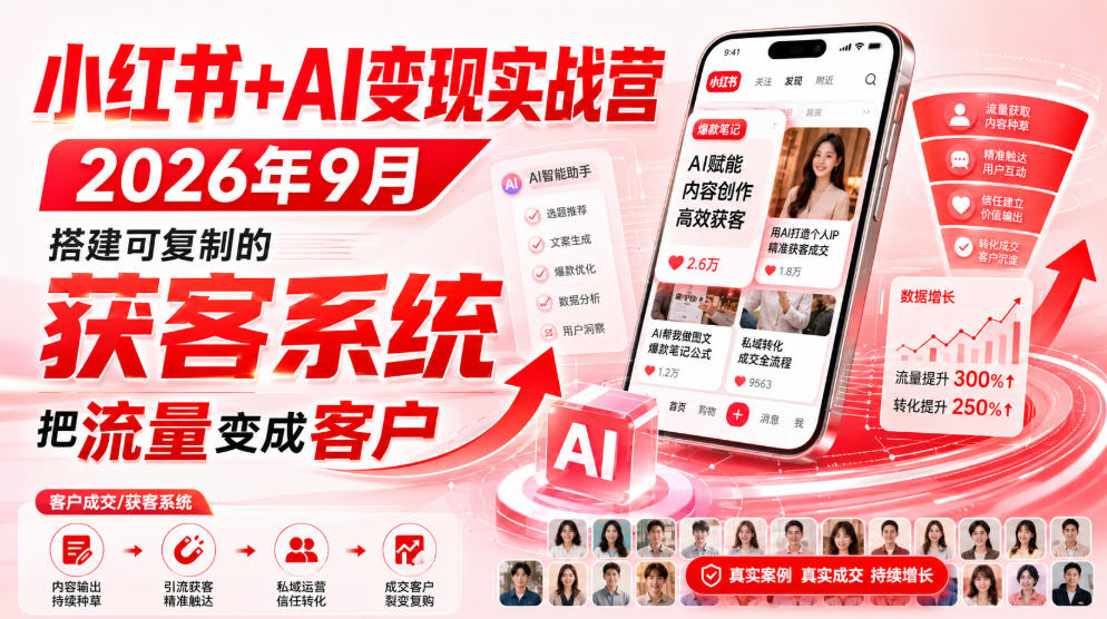 小红书+AI变现实战营2026年9月，搭建可复制的获客系统，把流量变成客户！-吾爱云课堂