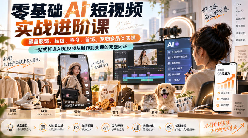零基础AI短视频实战进阶课，覆盖服饰、鞋包、零食、首饰、宠物多品类实操，一站式打通AI短视频从制作到变现的完整闭环-吾爱云课堂
