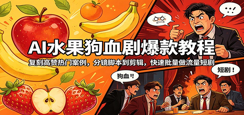 AI水果狗血剧爆款教程：复刻高赞热门案例，分镜脚本到剪辑，快速批量做流量短剧-吾爱云课堂
