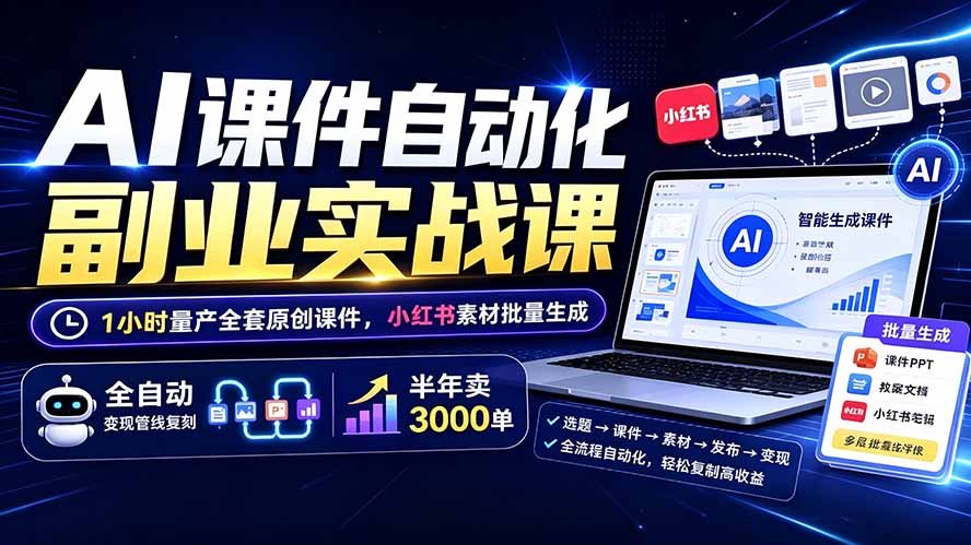 AI课件自动化副业实战课：1小时量产全套原创课件×小红书素材批量生成×全自动变现管线×半年卖3000单-吾爱云课堂