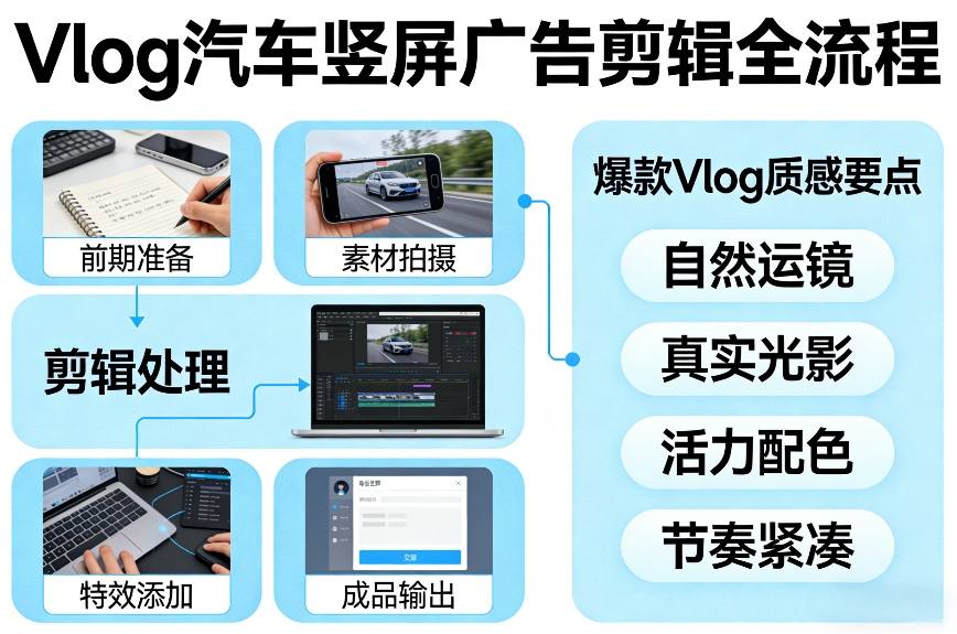 Vlog感觉汽车竖屏广告剪辑脚本全流程，拿捏爆款Vlog质感-吾爱云课堂
