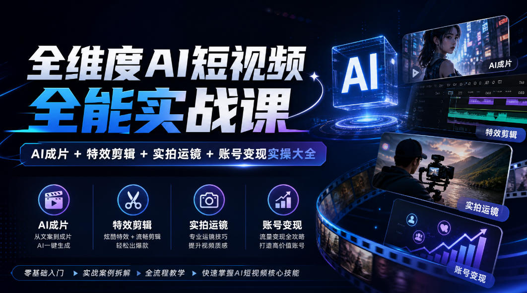 全维度AI短视频全能实战课，AI成片+特效剪辑+实拍运镜+账号变现实操大全-吾爱云课堂