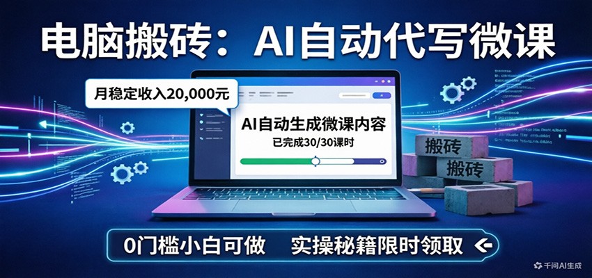 电脑搬砖AI自动代写微课，月稳定2W，0门槛小白可做，实操秘籍-吾爱云课堂