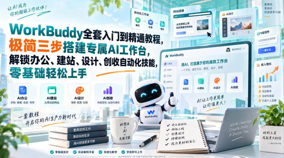 WorkBuddy全套入门到精通教程，极简三步搭建专属AI工作台，解锁办公、建站、设计、创收自动化技能，零基础轻松上手-吾爱云课堂