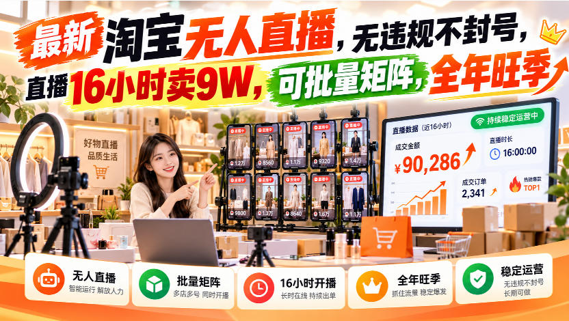 最新淘宝无人直播，无违规不封号，直播16小时卖9W，可批量矩阵，全年旺季【揭秘】-吾爱云课堂