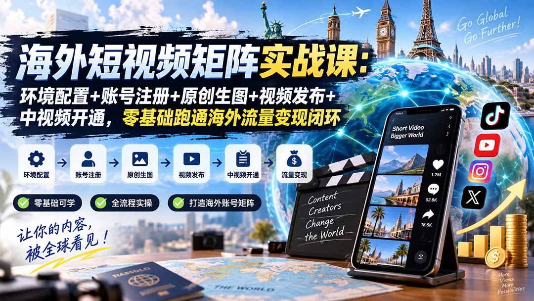 海外短视频矩阵实战课：环境配置+账号注册+原创生图+视频发布+中视频开通，零基础跑通海外流量变现闭环-吾爱云课堂