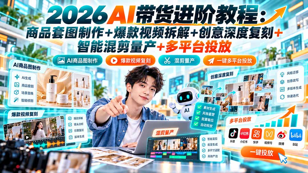 2026AI带货进阶教程：商品套图制作+爆款视频拆解+创意深度复刻+智能混剪量产+多平台投放-吾爱云课堂