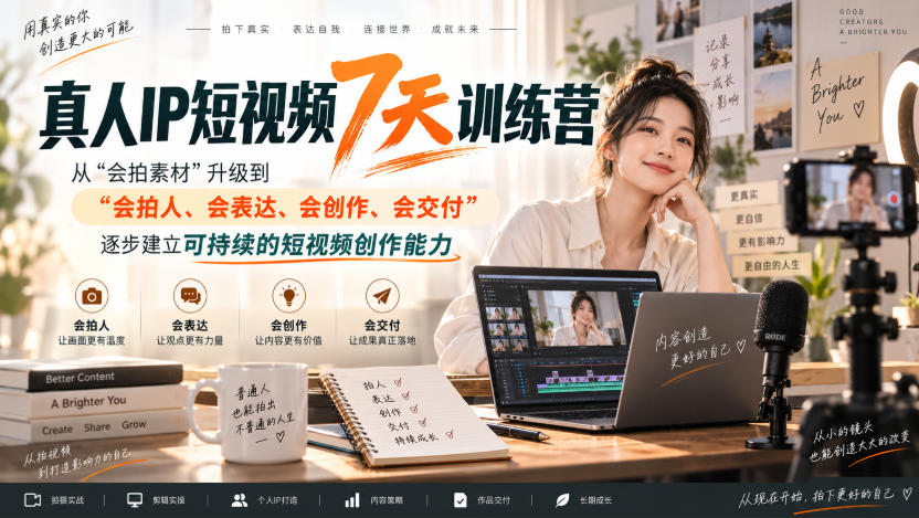 真人IP短视频7天训练营，从“会拍素材”升级到“会拍人、会表达、会创作、会交付”，逐步建立可持续的短视频创作能力-吾爱云课堂