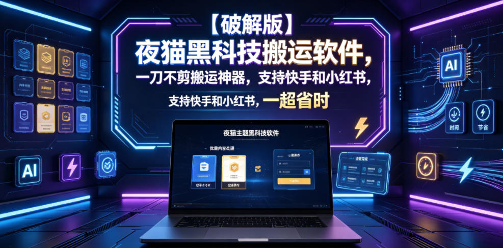 【破解版】夜猫黑科技搬运软件，一刀不剪搬运神器，支持快手和小红书，一键搬运超省时！-吾爱云课堂