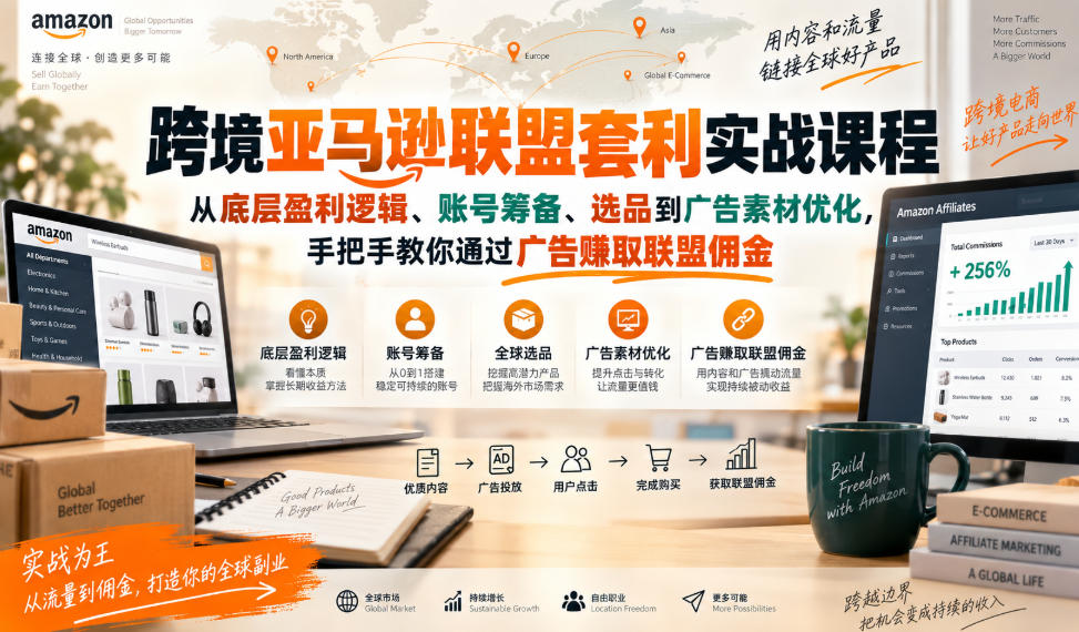 跨境亚马逊联盟套利实战课程，从底层盈利逻辑、账号筹备、选品到广告素材优化，手把手教你通过广告賺取联盟佣金-吾爱云课堂