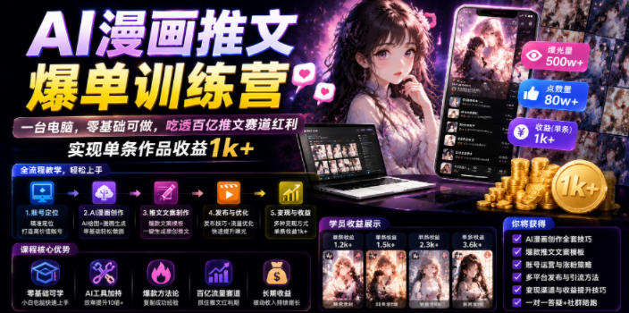 AI漫画推文爆单训练营，一台电脑，零基础可做，吃透百亿推文赛道红利，实现单条作品收益1k+-吾爱云课堂