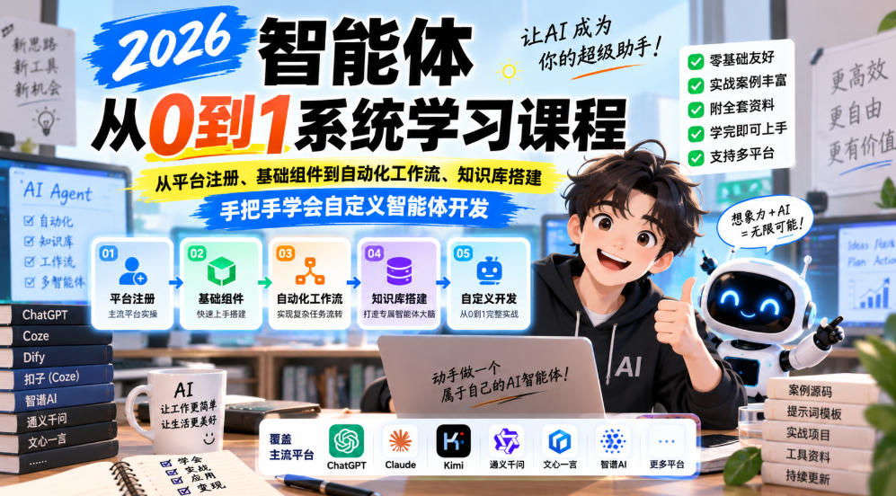 2026智能体从0到1系统学习课程，从平台注册、基础组件到自动化工作流、知识库搭建，手把手学会自定义智能体开发-吾爱云课堂