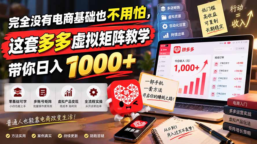 完全没有电商基础也不用怕，这套多多虚拟矩阵教学带你日入 1000+-吾爱云课堂