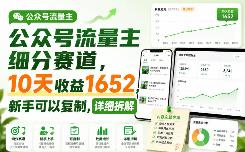 公众号流量主细分赛道,10天收益1652,新手可以复制,详细拆解-吾爱云课堂