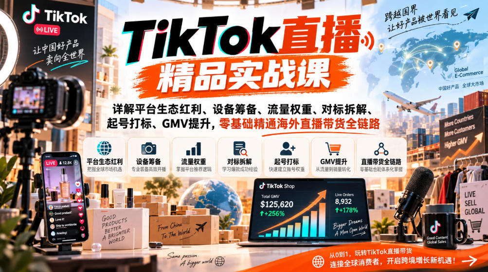 TikTok直播精品实战课，详解平台生态红利、设备筹备、流量权重、对标拆解、起号打标、GMV提升，零基础精通海外直播带货全链路-吾爱云课堂