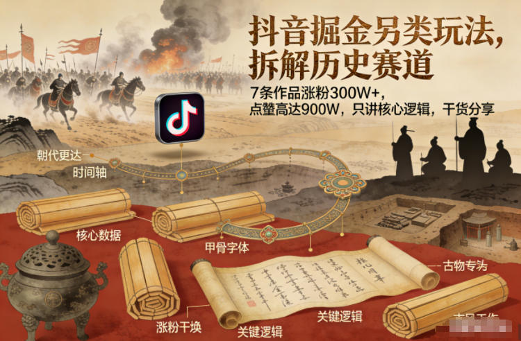 抖音掘金另类玩法，拆解历史赛道，7条作品涨粉300W+，点赞量高达900W，只讲核心逻辑，干货分享-吾爱云课堂